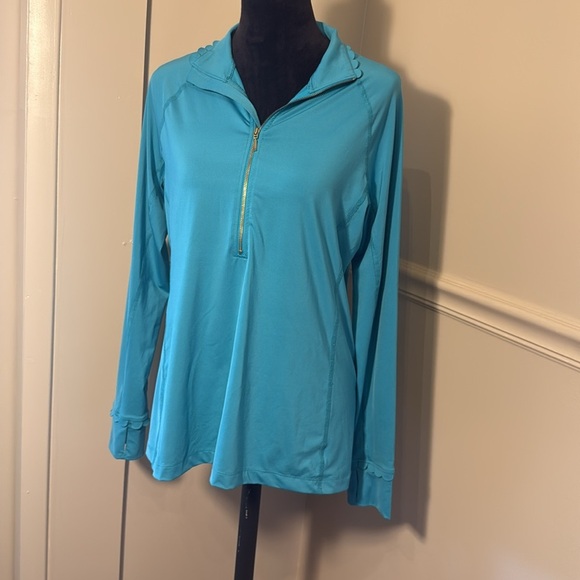 Crown & Ivy Sport Blue Quarter Zip Pullover Scallop Cuff Women’s Medium - Picture 1 of 10